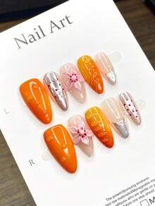 Summer Citrus Press On Nails, Nude To Vibrant Orange Gradient Base With Hand Drawn Line & 3D Pink Flower + Silver Metallic Tip Long Almond Glossy Full Cover Wearable Nails For Vacation Dating Handmade Press On Nails - Orange - View 5
