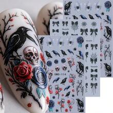 2 feuilles d'autocollants pour ongles gothiques d'Halloween, corbeau en relief 5D, crâne, rose, toile d'araignée & nœud, décalcomanies d'art pour ongles, décoration de manucure DIY pour femmes & filles - Noir - Voir 3
