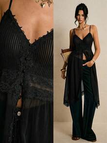 Top de camisola con parches de encaje sexy para mujer - Negro - Ver 1