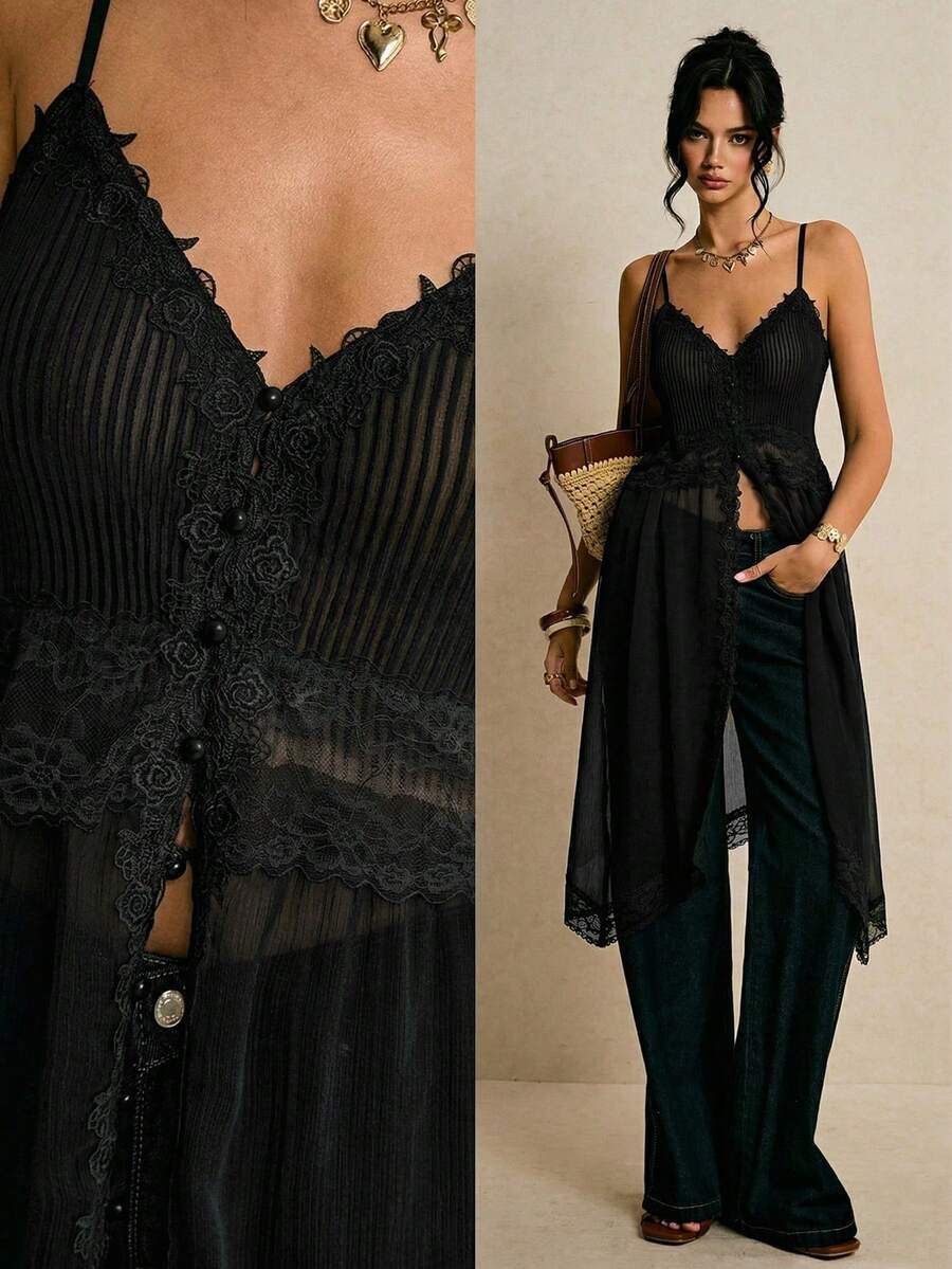 Top de camisola con parches de encaje sexy para mujer - Negro - Ver 1
