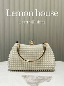 1pc Cream White Heavy Beaded Evening Bag, Vintage Elegant Box Clutch With Metal Chain Strap, Fashionable Elegant Wedding Bridal Bag, Retro Cheongsam Handbag, Suitable For Formal Evening Banquet Party Wedding Ball Gathering Music Festival Women, Perfect Gift For Women - Beige - View 2