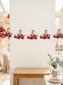 8/16/24pcs Custom Red Race Car Face Bunting Banner,Personalized First Birthday Garland,Boys Race Car Backdrop,/Gender Reveal Party Decor, Checkered Flag, Fast One - Multicolor - View 6