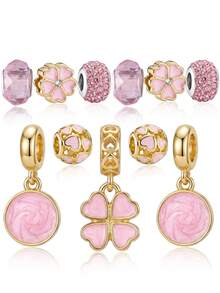 1pc Luxury Gold Powder Cherry Blossom Four-Leaf Clover Beaded Bracelet With Heart Hollow Bead And Pink Crystal Round Pendant, Lucky Gift Bangle - Multicolor - View 5
