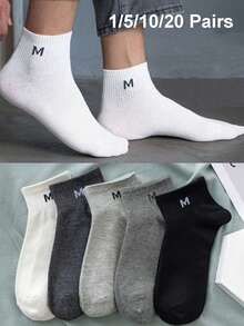 1/5/10/20 Pairs Men's Solid Color Low-Cut Ins Spring Summer Autumn Odor-Resistant Sweat-Absorbing Antibacterial Sports Short Socks, Black & White, Gift For Boyfriend - Multicolor - View 1