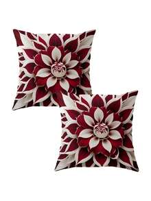 Juego de 1/2/4 fundas de almohada con estampado plano 2D para primavera/verano, con patrones florales en contraste de color burdeos y tonos. Sin bordado real, con impresión de un solo lado, sin rellenos de almohada incluidos. Adecuado para sofá y sala de estar - Rojo y blanco - Ver 11