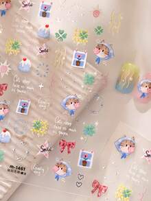1pc 5D Sweet Cute Kitten Nail Art Stickers, Four-Leaf Clover & Bow Nail Decals, Self-Adhesive Nail Patches, Summer DIY Nail Art Accessories, Easy Nail Stickers, Best Nail Supplies For Girls And Women, Suitable For St. Patrick's Day And Cute Party Events - Multicolor - View 3