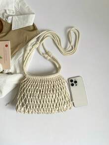 2026 Woven Net Bag Shoulder Bag Colorful Stone Beads Embellished Lattice Vacation Handbag Design Drawstring Inner Pocket Women's Bag - White - View 9