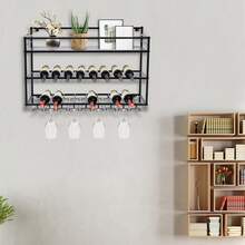 YUNRUX Wall-Mounted Wine Rack With Glass Holder, Metal Bottle Rack With 3 Tiers For 9 Bottles, Wine Stand With Cup Shelf, Suitable For Kitchen, 31.5 * 9.8 * 21.6 Inches - 黑色 - 查看 10