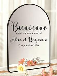 法式 Bienvenue À Notre Bonheur Éternel 永恆幸福婚禮歡迎貼紙，可客製化新郎新娘姓名與婚禮日期，優雅草寫鏡面歡迎標誌貼紙，防水可移除鏡面裝飾貼紙 - 多色15 - 查看 2