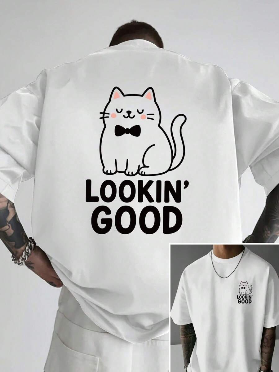 Camiseta de hombre con hombros caídos, diseño de gato, estampado de doble cara LOOKIN' GOOD, camiseta holgada para hombre, nueva ropa de hombre a la moda, una prenda esencial para hombre c - Blanco - Ver 1