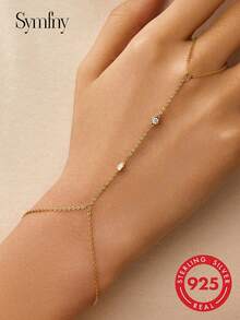 SYMFNY 1pc 925 Silver Simple Personalized Cubic Zirconia Ring & Bracelet 2-Piece Set, Suitable For Daily, Date, Party, Holiday Outfits - Yellow Gold - View 1