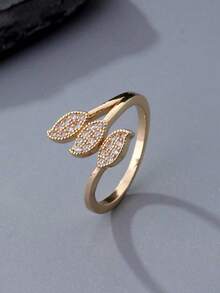 1pc Fashion Cubic Zirconia Women's Ring, Gold And Silver Color, Daily Wear, Ideal Valentine's Day Gift - Leaf Ring - View 3