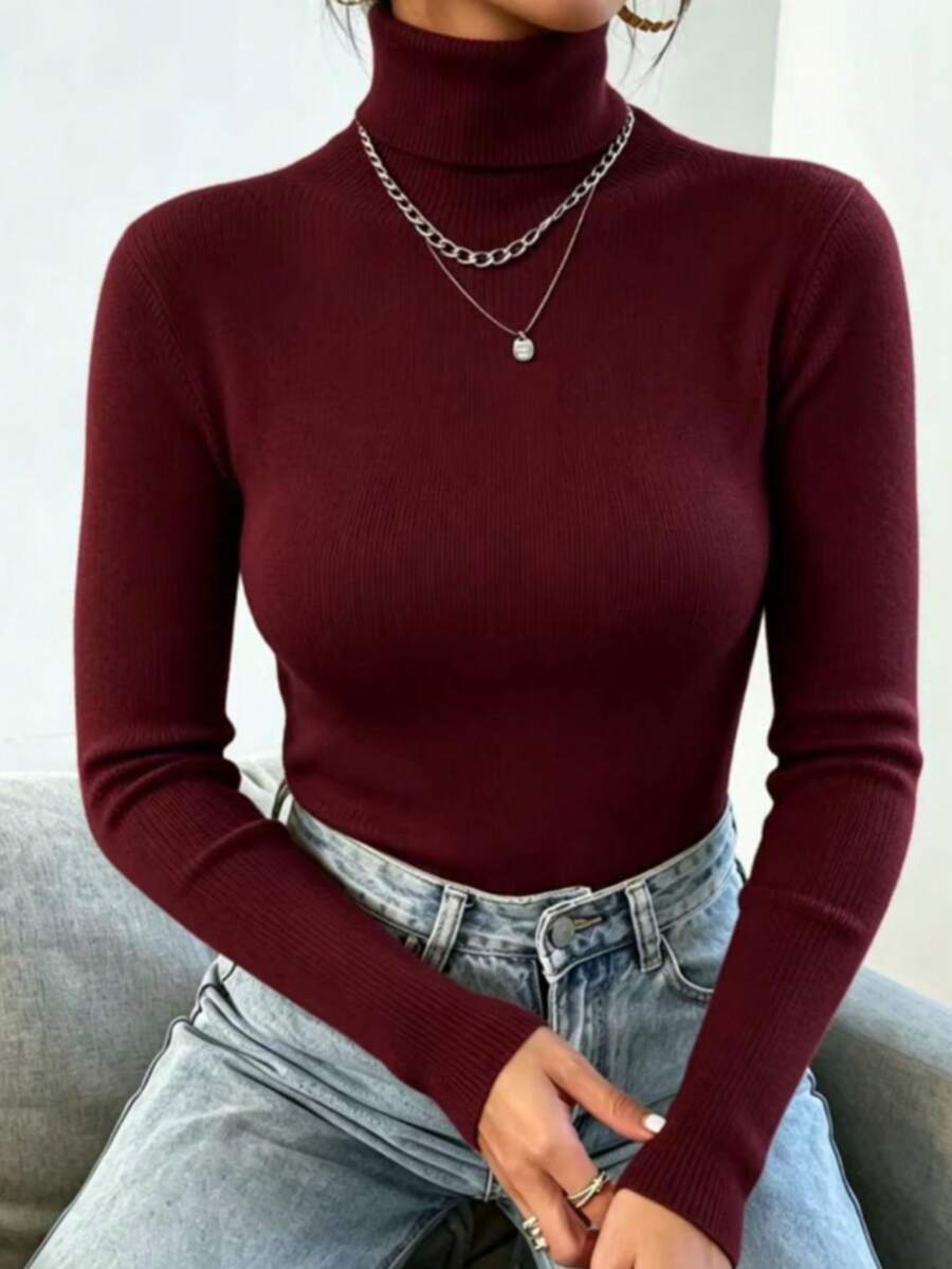 Women's Knitted Blouse High Neck Cacharrel Basic Wool Sweat Fashion Shipping!!! - 酒紅色 - 查看 1