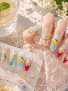 5D Fruit Lemon Embossed Nail Art Stickers, Transparent Yellow Lemon Slices With White Lace Floral & Letter Self-Adhesive Patches, Clear Matte Thin Style, Fresh Sweet Country Minimalist DIY Nail Decor, Salon Daily Wear Nail Accessories, 1 Sheet - Multicolor - View 2