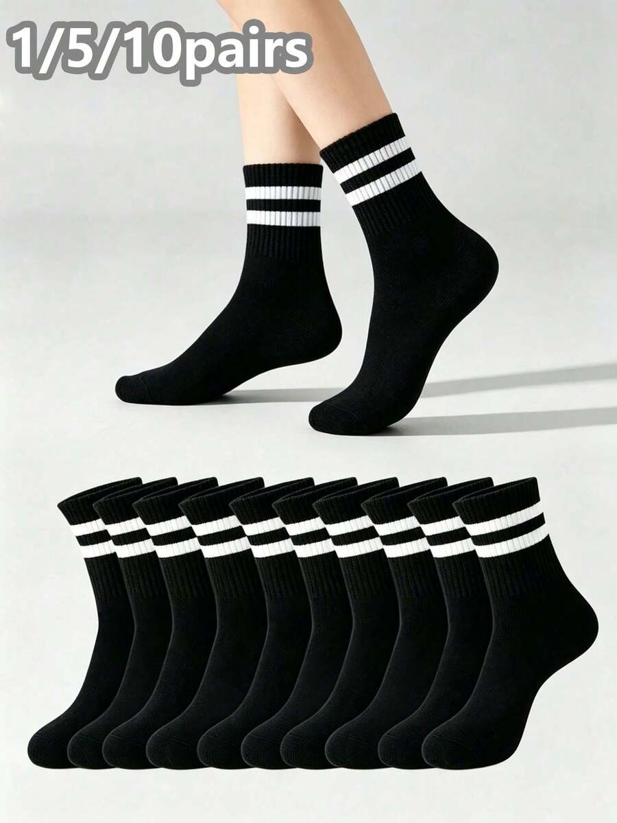1/5/10 Pares de Meias Listradas Pretas Unissex de Cano Médio, Moda Minimalista Confortável, Adequada para Uso Diário, Combinação de Estilo Escolar, Todas as Estações - Preto - Visão 1
