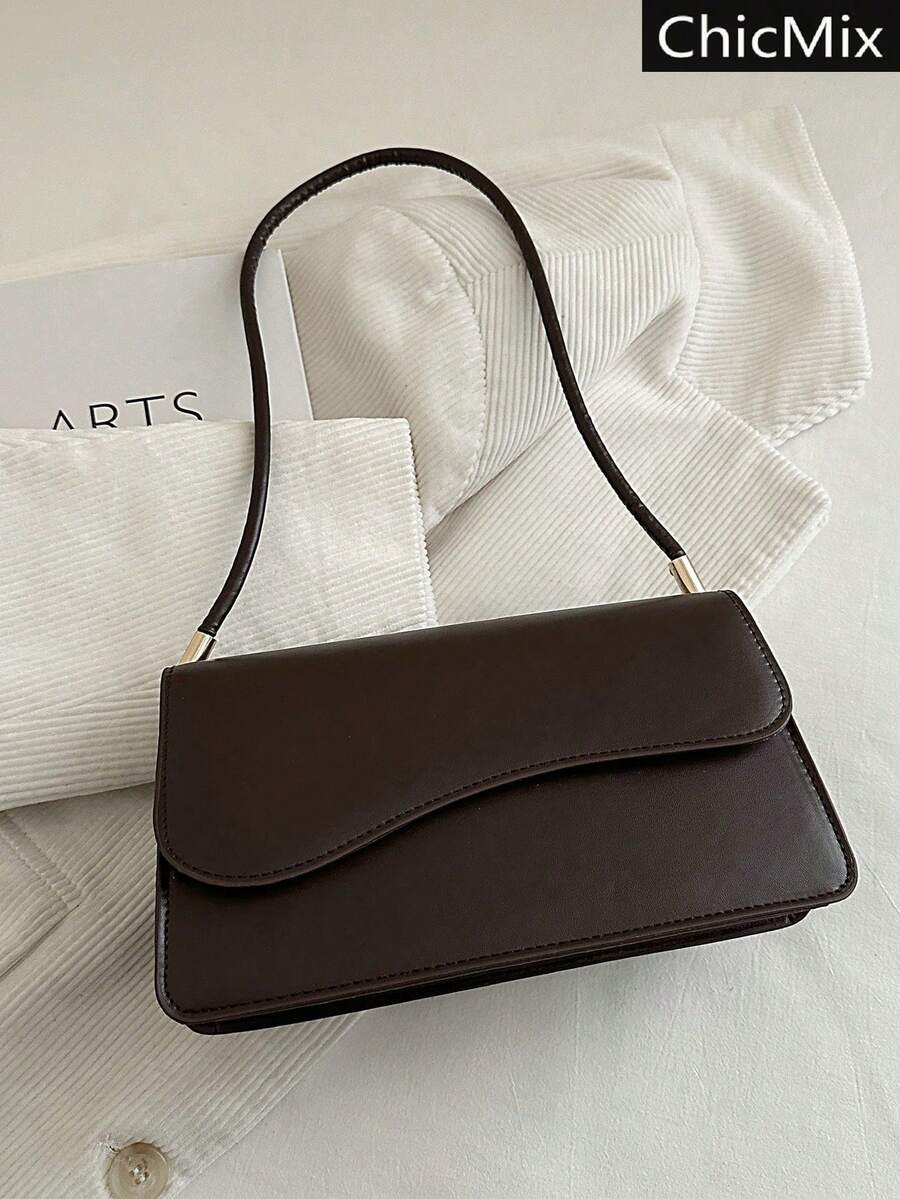 White Baguette Shoulder Bag With Wavy Flap, Women's Faux Leather Casual Handbag, Elegant Bag For Everyday Outings And Special Occasions, Summer Fashion - 酒紅色 - 查看 1