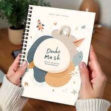1 pieza Cuaderno de espiral soñador para niños, portada con cohete, arcoíris y otros patrones lindos, el letrero "Danke Mash" añade un toque único. 100 páginas de gran capacidad, adecuado para registros de trabajo, notas de estudio, escritura de diario, también una opción de regalo considerada para graduación, cumpleaños. - H - Ver 3