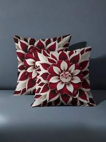 Juego de 1/2/4 fundas de almohada con estampado plano 2D para primavera/verano, con patrones florales en contraste de color burdeos y tonos. Sin bordado real, con impresión de un solo lado, sin rellenos de almohada incluidos. Adecuado para sofá y sala de estar - Rojo y blanco - Ver 3