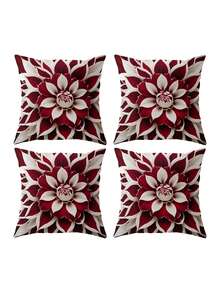 Juego de 1/2/4 fundas de almohada con estampado plano 2D para primavera/verano, con patrones florales en contraste de color burdeos y tonos. Sin bordado real, con impresión de un solo lado, sin rellenos de almohada incluidos. Adecuado para sofá y sala de estar - Rojo y blanco - Ver 9