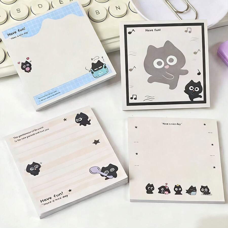Black Cat Self-Adhesive Sticky Notes - Available In 1 Or 4 Packs, Perfect For Journaling, Planning And Organizing - Highly Appealing To Gothic Style Enthusiasts And Journaling Lovers - one-size - View 1