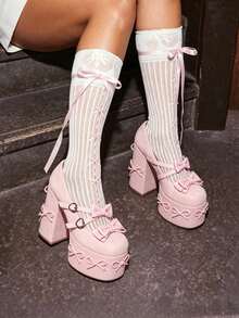 2025 Y2K Mary Jane Heels For Women Platform Chunky Bow Heels Round Toe Ankle Strap Shoes Lolita High Heeled Sandals Princess Shoes - 粉色 - 查看 1