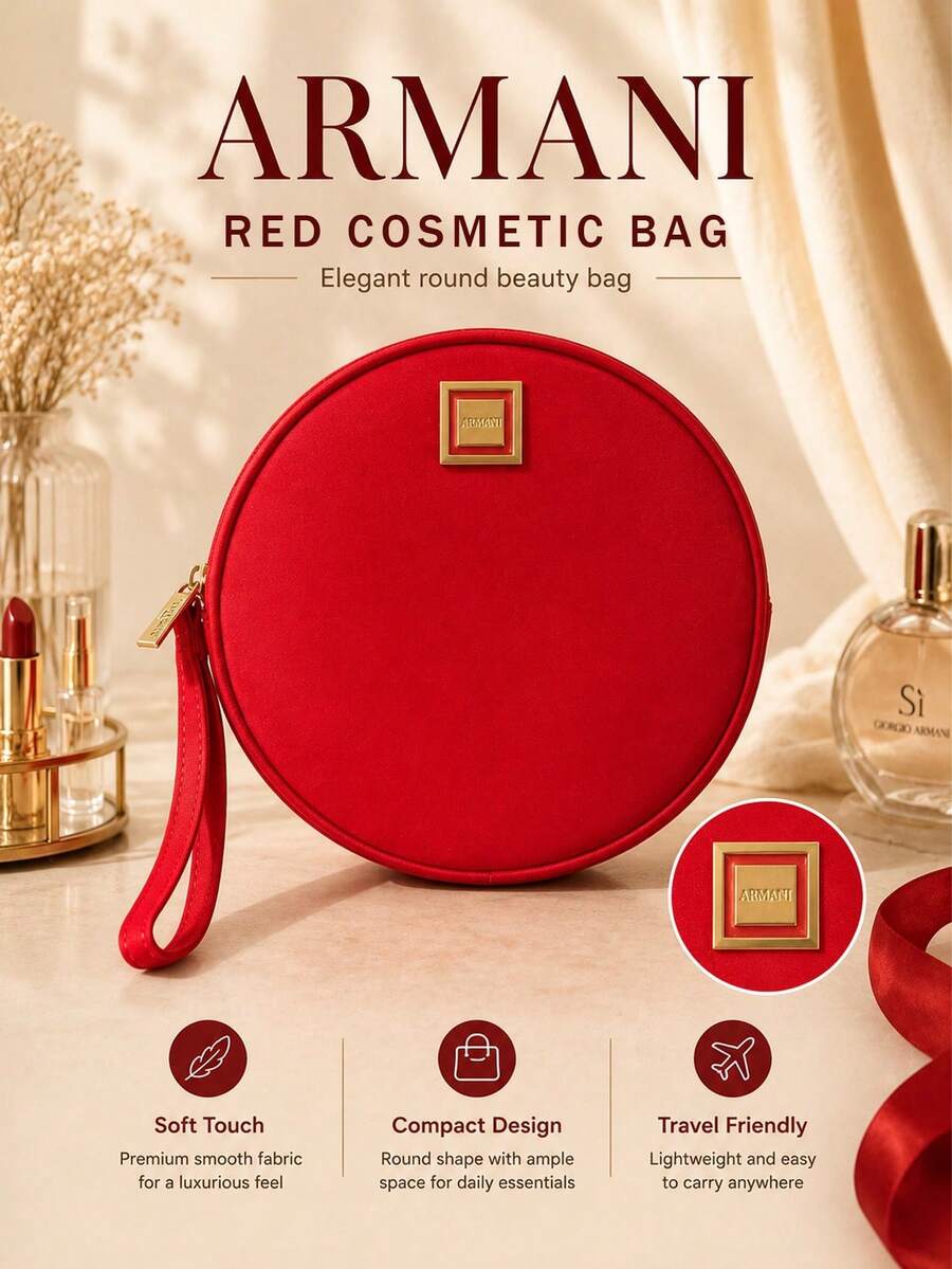 Giorgio Armani Bolsa de maquillaje roja Armani con exquisita correa de mano, diseño redondeado de gran capacidad, puede almacenar artículos de maquillaje y cuidado de la piel, cierre de cremallera suave, almacenamiento diario