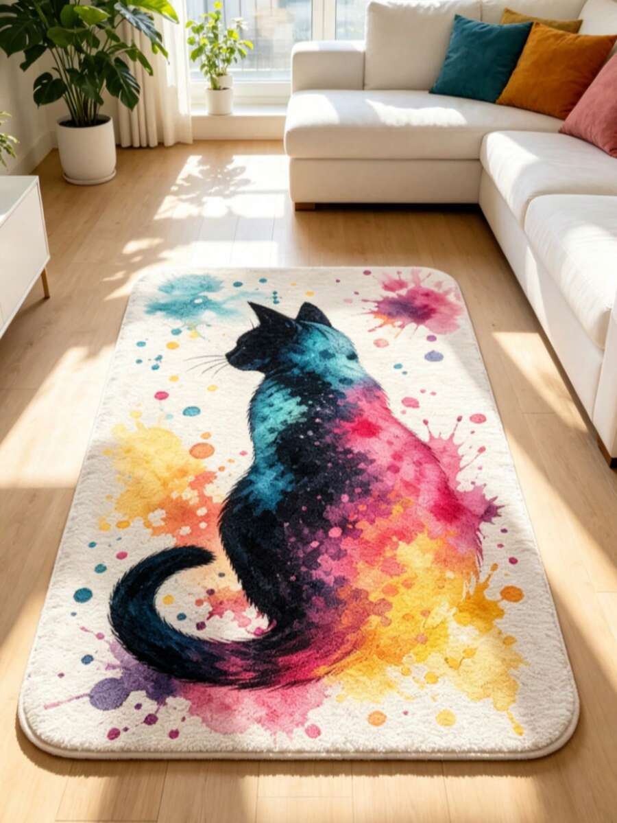 1 Stück Aquarell Bunte Katzen-Silhouette Kunst Bodenmatte, Personalisierter Ästhetischer Stil Dekorativer Teppich, Badezimmer Saugfähige Fußmatte, Stil Raum Ästhetische Atmosphäre Decke, Süßer Künstlerischer Stil Akzent, Kleiner Teppich, Bodenmatte, Heimdekoration, Kleiner Teppich, Badezimmermatte, Kleine Bettdecke, Schlafzimmer Teppich, Waschbarer Teppich - Mehrfarbig - Übersicht 1