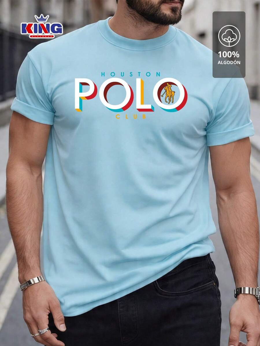 Original HPC POLO T-Shirt With Round Neck And Short Sleeves – Themed Graphic Design "HPC: Retro Typography Houston" – 100% Cotton - 淺藍色 - 查看 1
