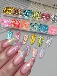 12-Grid Dreamy Iridescent Star & Heart Nail Glitter, Aurora Random Mix Heart, Star, Hexagon Nail Glitter, Laser Holographic Dopamine Nail Art Decor, Wedding Nail Supplies Nail Charms - Multicolor - View 4