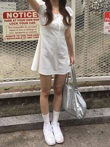 女款純色方領百褶休閒派對泡泡袖洋裝，優雅白色夏季款 - 白色 - 查看 9