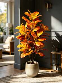 Kmitang 85-125cm Large Artificial Banyan Plants Fake Ficus Tree Branch Autumn Tree Leaves Faux Tropical Palm Plant Red Leafs Plastic Fiddle Leafs Tall Faux Rubber Tree For Home Shop Autumn Party Decor Without Pot 1pc - Multicolor - View 3