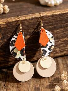 1 Pair Vintage American Hot Girl Style Colorblock Leopard Print Earrings, Semi-Circle Rhombus Patchwork Beige Double Round Disc Elegant Long Earrings - Multicolor - View 9