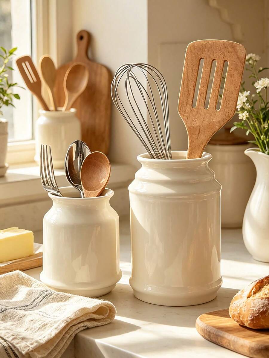 Minimalist White Resin Chopstick And Utensil Holder, Nordic Style Kitchen Utensil Rack With Wooden Tray, Multifunctional Knife Fork Spoon Storage Rack Suitable For Home Kitchen, Dining Table, Coffee Shop, Bistro, Countertop Organization, Table Decoration, Durable Resin Material, Easy To Clean, Perfect For Daily Kitchen Use And Tabletop Display - Multicolor - View 1
