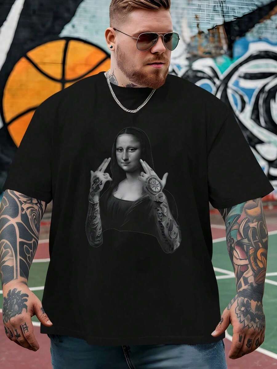 Camiseta casual de manga corta con cuello redondo y estampado gráfico de la Mona Lisa, talla grande, para verano - Negro - Ver 1