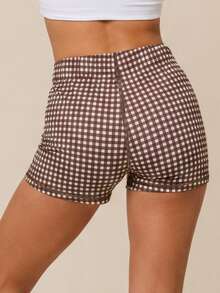 Women's High Waist Plaid Fitness Training Running Shorts, Brown Drawstring Yoga Sports Cycling Shorts - Coffee Brown - View 9