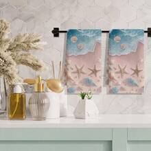 1pc/2pcs/4pcs Exquisite Kitchen & Bathroom Towels, Pale Pink Starfish & Gradient Ocean Wave Print, Soft Aesthetic Style, Ultra Soft, Highly Absorbent & Quick Drying, Machine Washable, Suitable For Daily Use - Multicolor - View 1