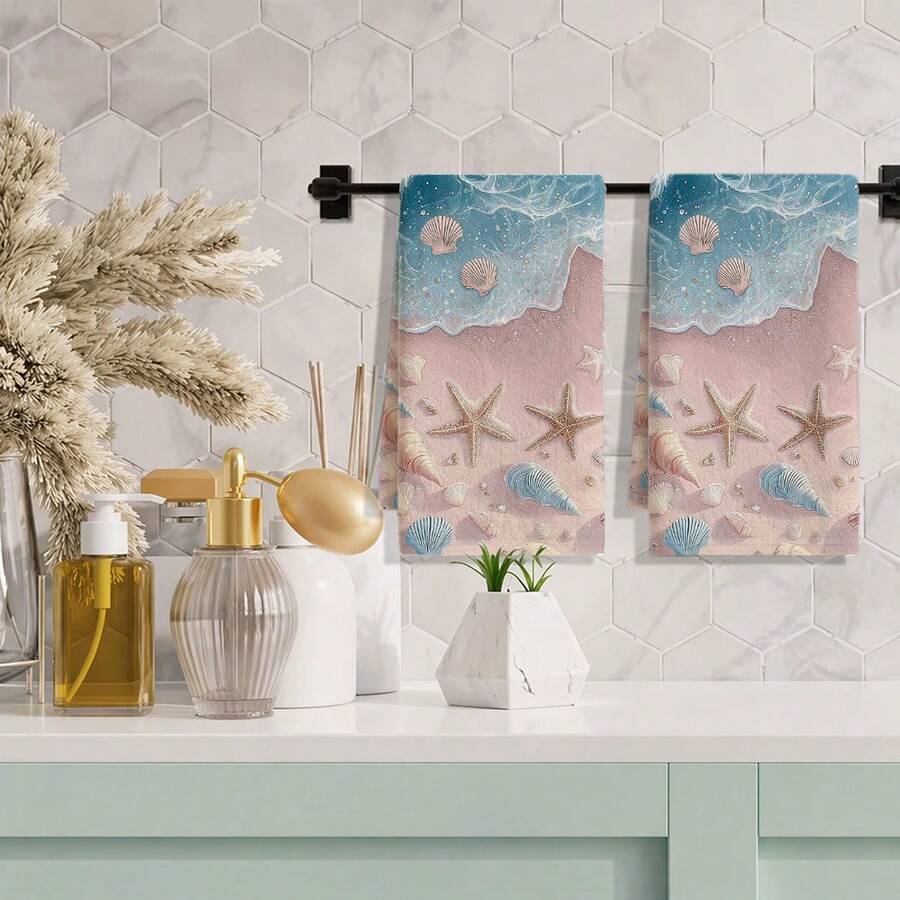 1pc/2pcs/4pcs Exquisite Kitchen & Bathroom Towels, Pale Pink Starfish & Gradient Ocean Wave Print, Soft Aesthetic Style, Ultra Soft, Highly Absorbent & Quick Drying, Machine Washable, Suitable For Daily Use - Multicolor - View 1