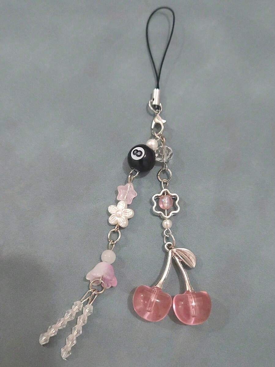 1pc Y2K Style Red Cherry And Musical Note Pendant Phone Lanyard, Candy Decor Cherry Pendant With Bow, Suitable For Phone Lanyard And Accessories, Earphone Charm - Pink - View 1
