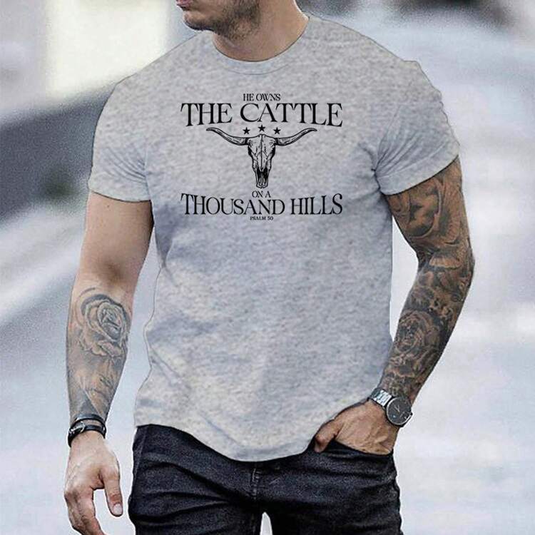 Men's Casual Grey Cotton Short Sleeve T-Shirt With Round Neck And Skull Graphic Print For Everyday Wear - 灰色1 - 查看 14
