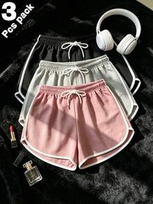3pcs/Set - Women's Summer Sports Casual Shorts, Black With White Trim, Elastic Drawstring Waist, Comfortable Cool Breathable Outdoor Sports Fitness Hot Pants, Perfect For Outings, Beach, Gift For Girlfriend, Lover - Multicolor - View 2
