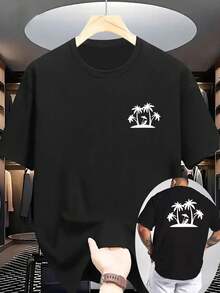 [Selección Niu Wang]Nueva camiseta casual de verano para hombre con cuello redondo acanalado y mangas cortas, con estampados tanto en la parte delantera como en la trasera, hecha de tela de - Negro - Ver 2