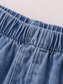 Falda vaquera multicapa decorada con perlas para niñas con cintura elástica, falda vaquera mini casual de línea A, de moda y versátil - Lavado ligero - Ver 4