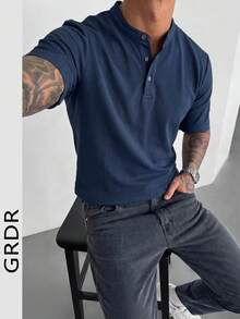 GRDR 立领纽扣 Polo 衫，男士新款夏季休闲短袖上衣 - 藏蓝色 - 查看 2