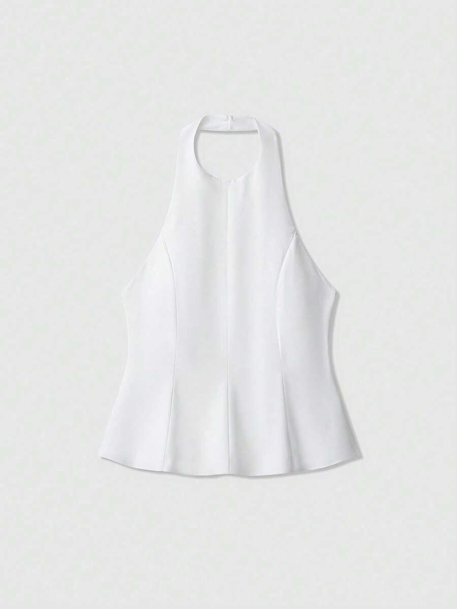 Short Halter Top With Open Back, Butter Yellow Color, For Summer - White - View 1