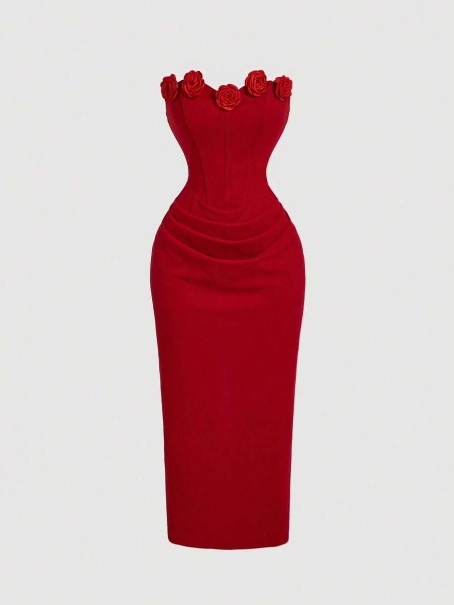 MOD Vestido elegante de longitud media con diseño ajustado y fruncido con bordado floral para mujer - Rojo 2 - Ver 1