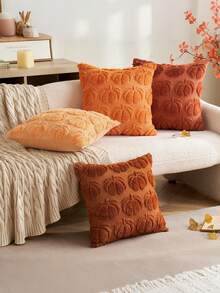 1pc Autumn Pillowcase, Autumn Decor, Autumn Rust Color Pumpkin Throw Pillow Cover, Decorative Pumpkin Pillowcase, Soft Faux Fur Wool Sofa Cushion Cover, Suitable For Chair, Sofa, Living Room, Home Decor, Outdoor, Bedroom Decor, Halloween Gift - Brown - View 2