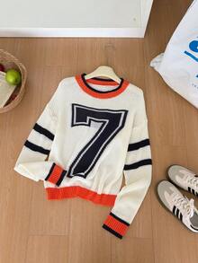 1pc Casual Slouchy Loose Fit Colorblock Number 7 Design Unique Thin World Cup Jersey College Style Crew Neck Knit Sweater - Multicolor - View 5