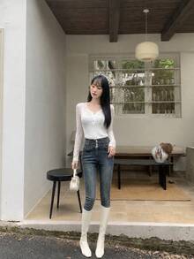 Women's Button Fly Pocket Slim Fit Casual Versatile Denim Jeans Fall - Medium Wash - View 5