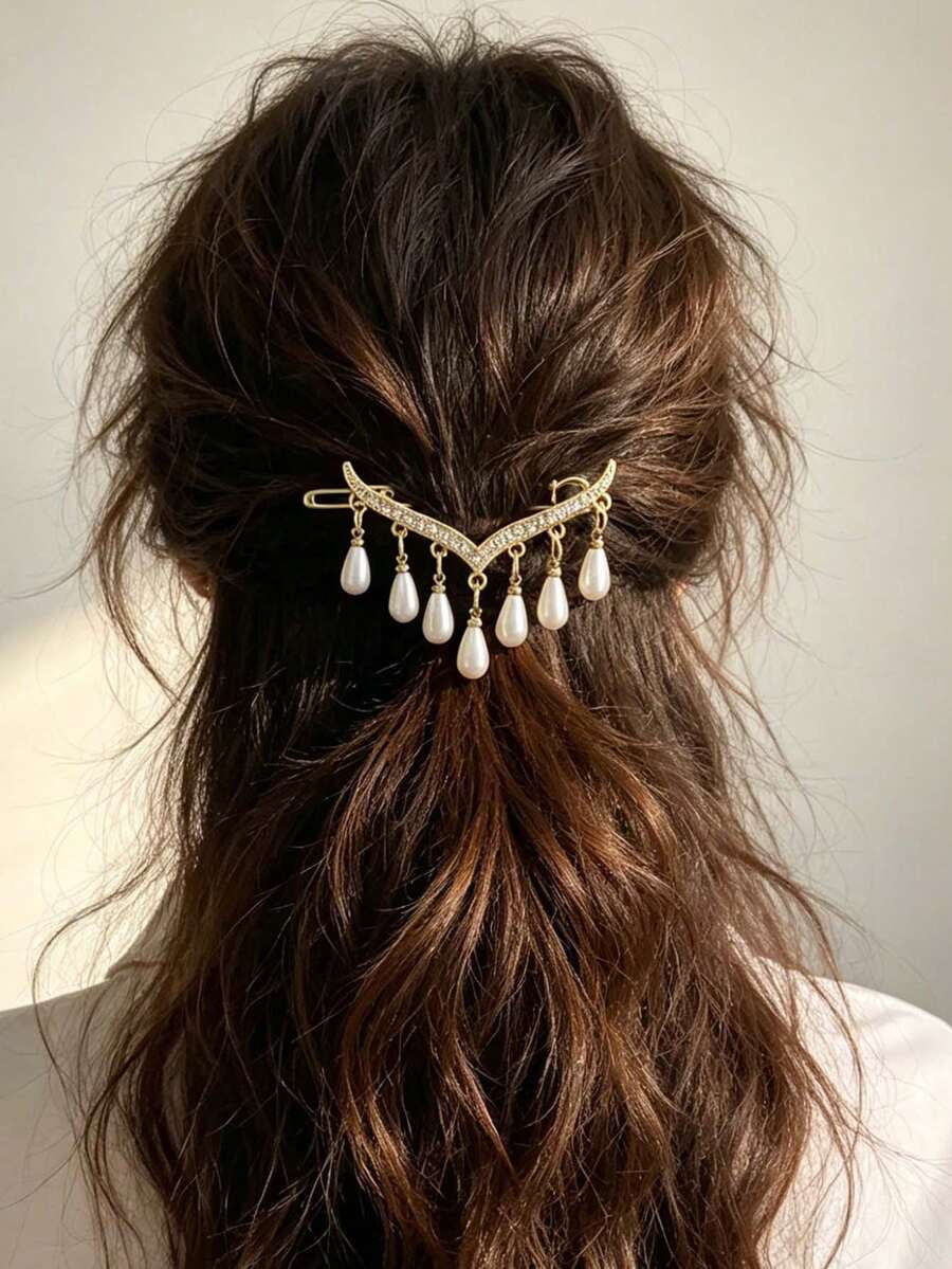 1pc Women's Hollow Pearl Butterfly Clip Hairpin, French Style Gentle Side Clip, Daily Commute Loose Hair Side Hair Accessory - Multicolor - View 1