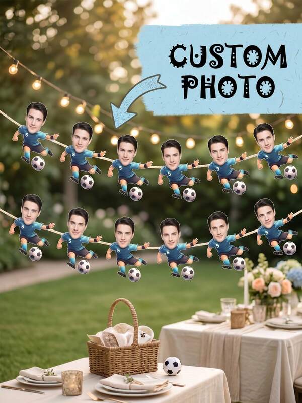 8/16/24pc Custom Soccer Player Photo Banners, Personalized Face Soccer Theme Banners,Football Background Wall Hanging Decorative Flags, Sports Party Happy Birthday Celebration Banner,Boys Football Birthday Garland,Sports Team Banquet Custom Garland